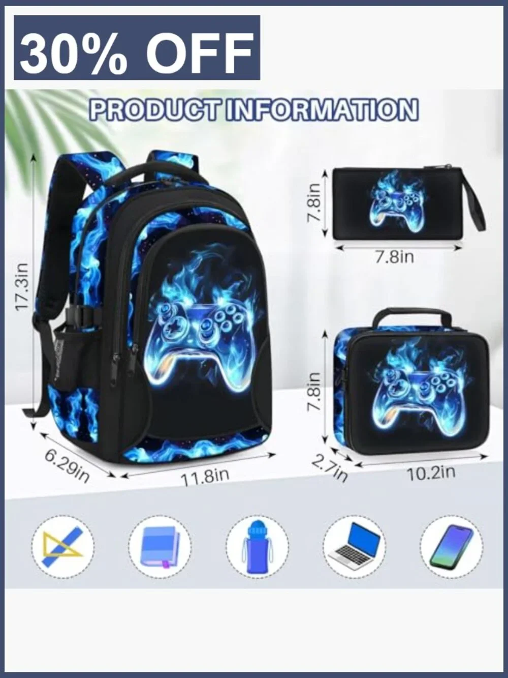 Boys School Backpack Set 4-Piece 17 Inch Gamer Bookbag with Lunch Box Pencil